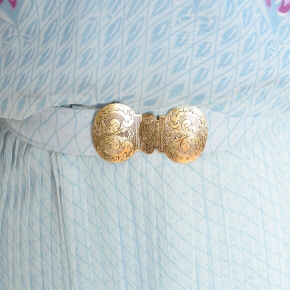 vintage 80s dress blue floral border print secretary belted pleated midi L - Picture 5 of 13